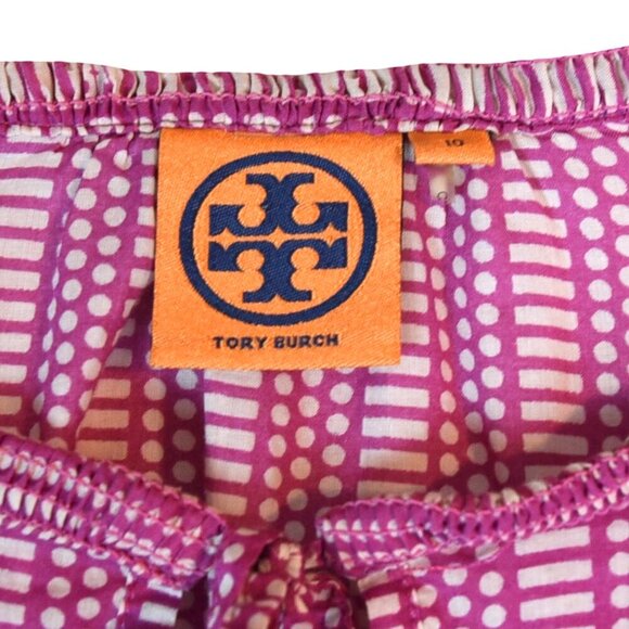 Tory Burch Pink Geometric Peplum Top Size 10 Boho Puff Sleeve 100% Cotton Design - Picture 8 of 8